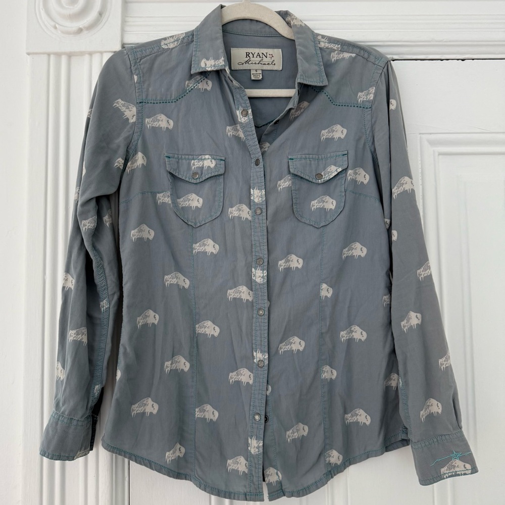 Ryan Michael Light Blue Buffalo Patterned Western… - image 5